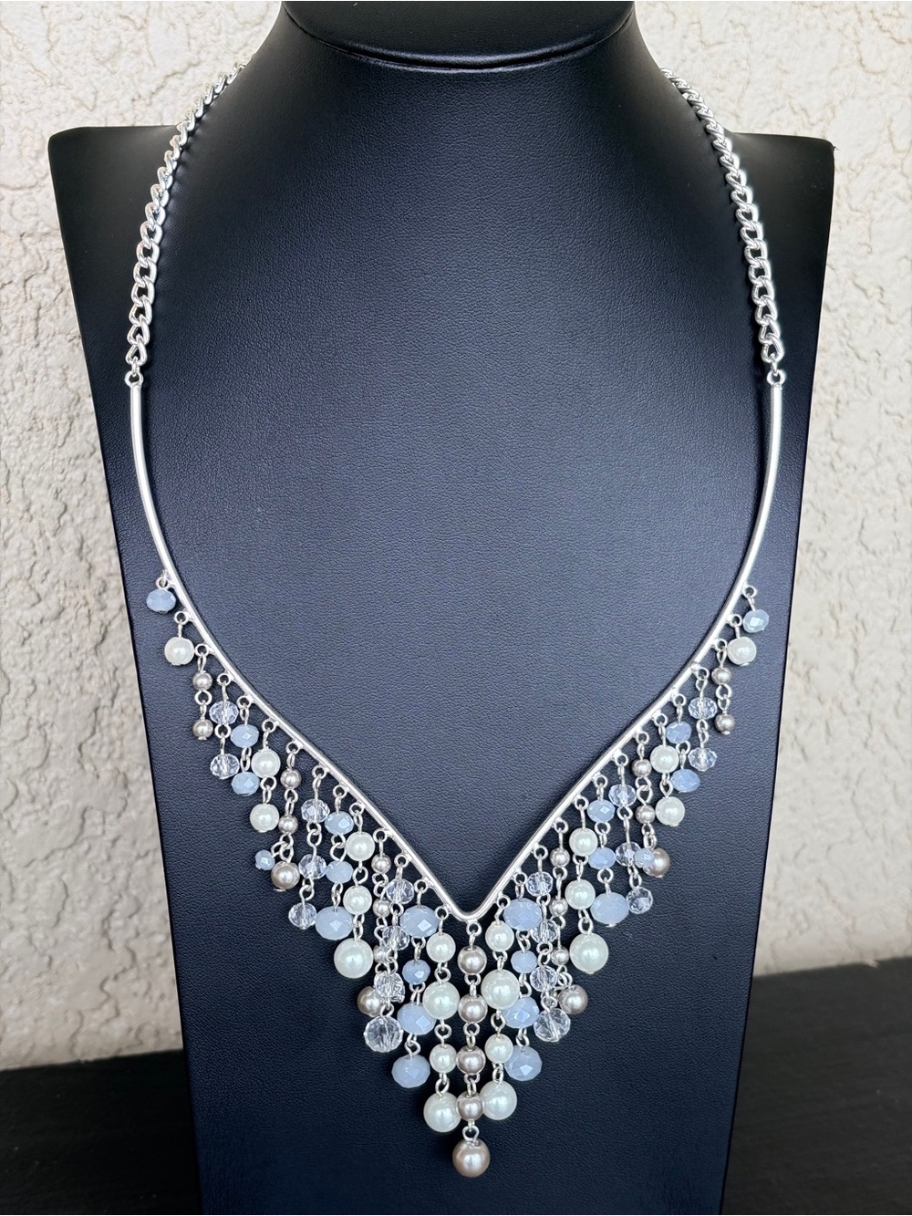 Modern Silver-Tone Pale Blue & White Beaded Fringe Necklace